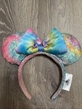 Disney Pastel Rainbow Sequin Minnie Ears Headband with Ombre Bow